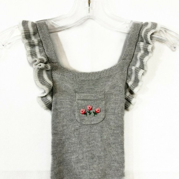 Janie and Jack Gray Knit Floral Ruffle Strap One Piece For 6 to 12 Months Baby - Picture 2 of 10